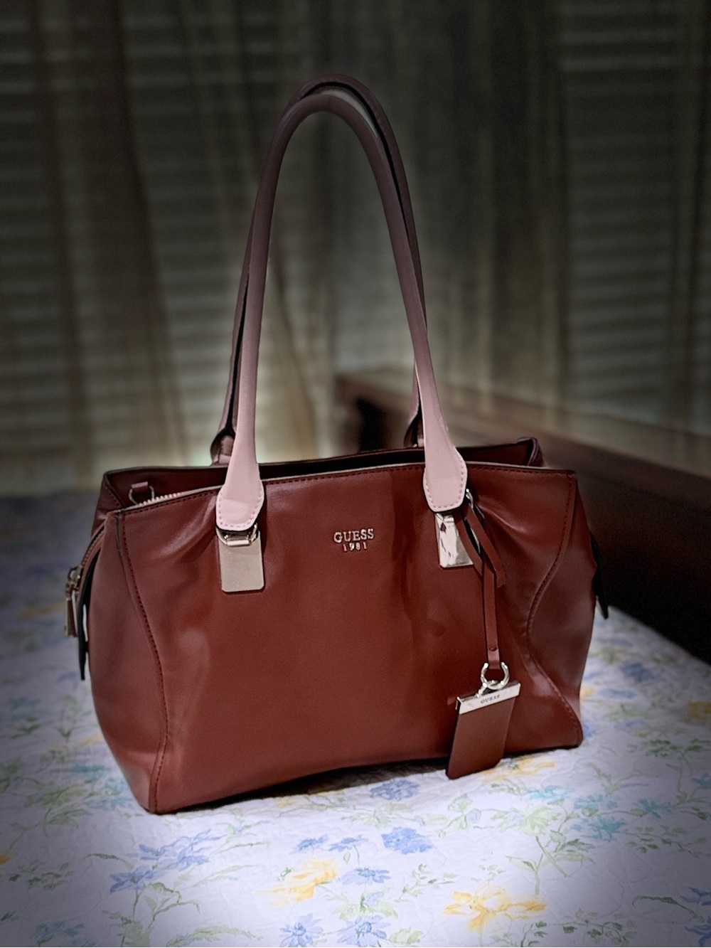 GUESS Brown Tote with Light Pink Handles